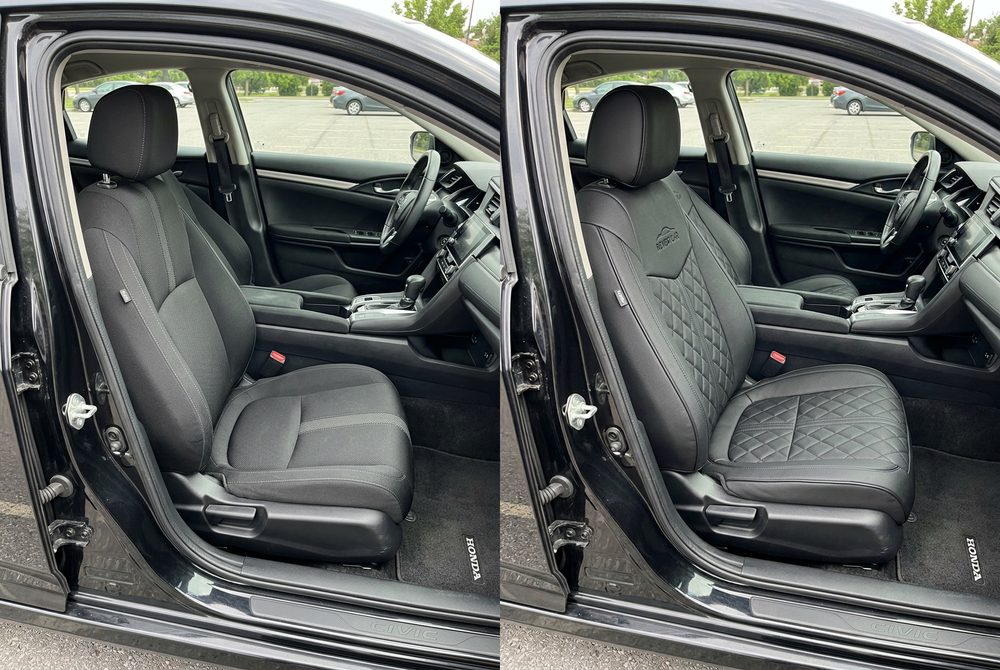 Comparativo do banco antes e depois de instalar a capa Revestcar Universal Preta