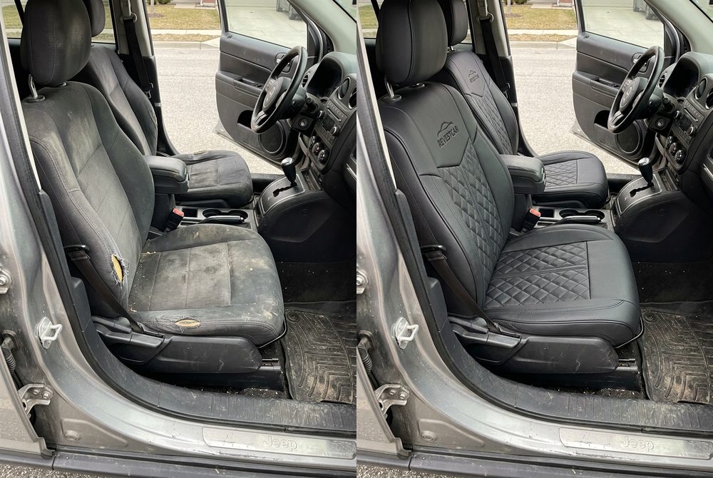 Comparativo do banco antes e depois de instalar a capa Revestcar Universal Preta