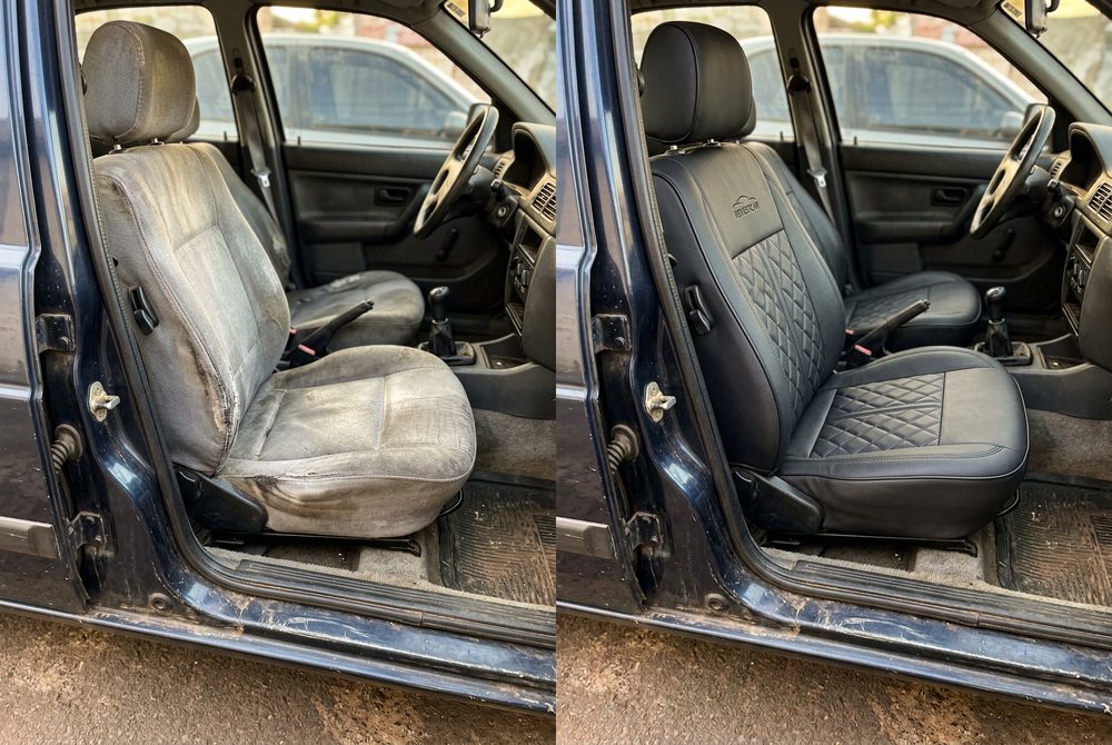 Comparativo do banco antes e depois de instalar a capa Revestcar Universal Preta