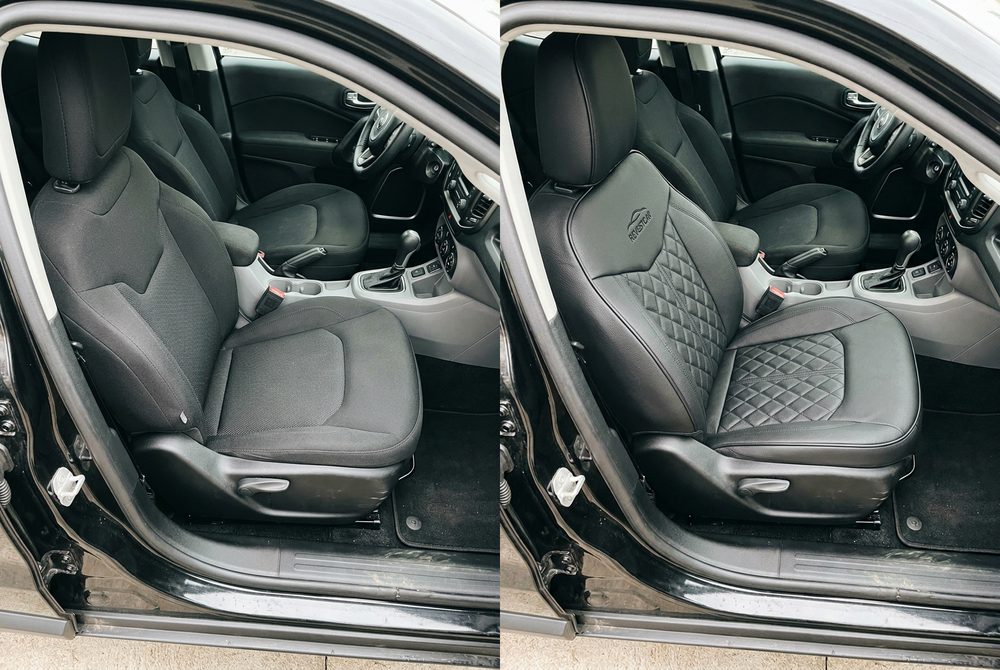 Comparativo do banco antes e depois de instalar a capa Revestcar Universal Preta